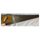 Three Antique E.C. Atkins Handsaws, 1 Disston Antique Saw, 1 Vintage 27" Disston Saw in Miter Box