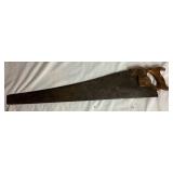 Three Antique E.C. Atkins Handsaws, 1 Disston Antique Saw, 1 Vintage 27" Disston Saw in Miter Box