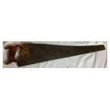 Three Antique E.C. Atkins Handsaws, 1 Disston Antique Saw, 1 Vintage 27" Disston Saw in Miter Box