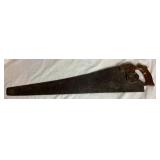 Three Antique E.C. Atkins Handsaws, 1 Disston Antique Saw, 1 Vintage 27" Disston Saw in Miter Box