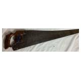 Three Antique E.C. Atkins Handsaws, 1 Disston Antique Saw, 1 Vintage 27" Disston Saw in Miter Box