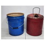 Vintage Metal Gas Can and Blue Bucket