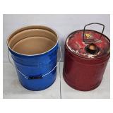 Vintage Metal Gas Can and Blue Bucket