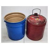 Vintage Metal Gas Can and Blue Bucket