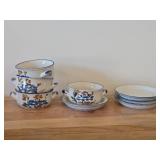 Vintage (4) Chi Jang Stoneware Handled Soup Bowl Handpainted Floral Design, (4) Chi Jang Stoneware Plates