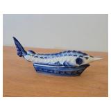 Vintage Gzhel Russian Porcelain Sturgeon Fish shaped Lidded Caviar Serving Bowl - Handpainted Blue Cobalt