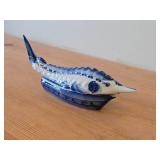 Vintage Gzhel Russian Porcelain Sturgeon Fish shaped Lidded Caviar Serving Bowl - Handpainted Blue Cobalt