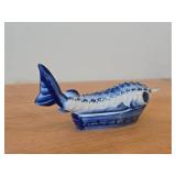 Vintage Gzhel Russian Porcelain Sturgeon Fish shaped Lidded Caviar Serving Bowl - Handpainted Blue Cobalt