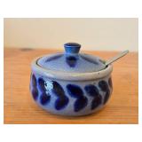 Vintage Salt Glazed Cobalt Lidded Condiment Jar with Spoon