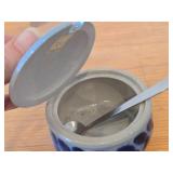 Vintage Salt Glazed Cobalt Lidded Condiment Jar with Spoon