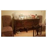 Antique European Breakfront and 2 Upholstered Chairs