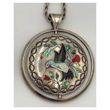 Zuni Sterling Silver Inlay Spinner with Turquoise, Coral & Mother of Pearl