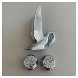 Vintage Packard Chrome Swan Hood Ornament, 2 Ford Model T Hub Caps