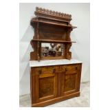 Walnut Marble Top Mirrored Back Sideboard