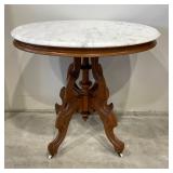 Oval Walnut Victorian Marble Top Parlor Table