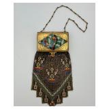 Rare Whiting and Davis Enamel Mesh Purse with Enamel Parrot Decorated Compact