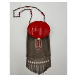 Silver mesh Purse with Red & White Enamel Detail & Celluloid Frame with Mirror