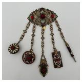 Art Nouveau Cloisonne Chatelaine with Perfume, Mirror, Button Hook, Notepad & Pencil