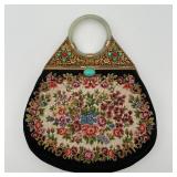 Floral Tapestry Purse with Ornate Jeweled Frame and Ring Handle
