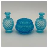 Blue Opalescent Hobnail Dresser Box and Perfumes