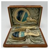 Celluloid Dresser Set with Mirror, Comb & Brush in Original Case
