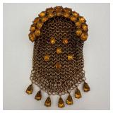 French Gold Tone & Amber Rhinestone Mesh Bag Purse Brooch