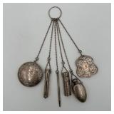 Sterling Chatelaine with Compact, Lipstick, Pencil, Snuff, Perfume & Notepad