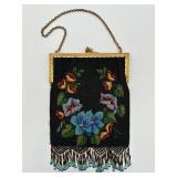 Victorian Floral Beaded Purse with Satin Lining with Pocket, Coin Purse & Mirror