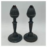 Pair Early Pewter Whale Oil Lamps