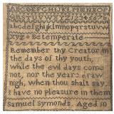 Rare Hand Stitched Sampler by Samuel Symonds, Aged 10, Unusual by a Boy