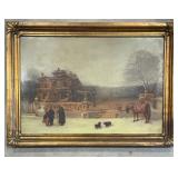 Oil Painting with Victorian Home, Village Scene in Gold Leaf Frame, Unsigned