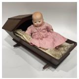 Bisque Head Kiddie Joy Baby Doll In Wooden Cradle
