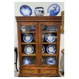 Oak Bookcase, Flow Blue China