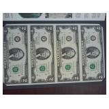 4 $2 Dollar Bills, Bureau of Engraving & Printing Collector Set 