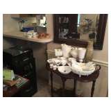 Great small wooden table, wood framed mirror & milk glass pieces