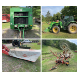John Deere Tractor, Kuhn Disc Mower, Round Baler, V Rake, Equipment Trailer, Farm Supplies 
