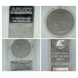 Ten Ounce Silver Bars, Silver Eagles, Morgan Dollars  