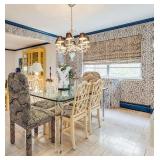 White chairs, lamp in background, fixture and elephant sconce are not for sale