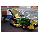John Deere 110 with mower, leaf wagon and snowblower