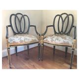 #306: Pair, ribbon back ebony & gold accent chairs with pillows
