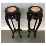 #684: Marble center hand carved round pedestal pair