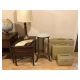 Vintage End Table, Marble Top Pedestal Table and Vintage Suitcase Set