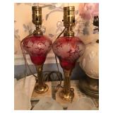 Red Etched glass oil lamps converted to electric