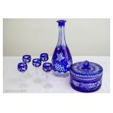 Vintage Cobalt Blue clear crystal cut decanter and candy dish