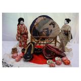 Wooden Japanese dolls, fans, shoes