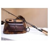 Vintage Wicker Fishing Creel/Basket with Leather Banding and Front Pouch and Fishing rods