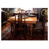 Antique oak victorian square dining table with  five leaves
