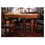 Antique oak victorian square dining table with  five leaves