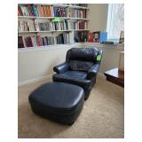 Blue Leather Chair and Ottoman, worn