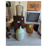 Red wing jug, raw wood stand/ table